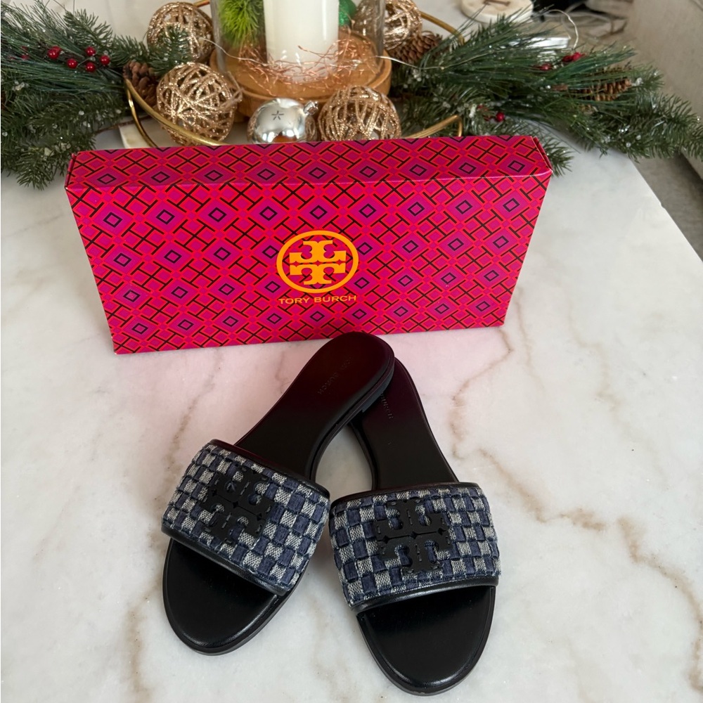 Tory Burch Black and Blue Checkered Slides